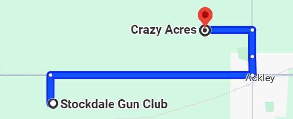 Driving route from Stockdale Gun Club to Crazy Acres in Ackley, Iowa — 5.5 miles on black-top roads through Ackley.