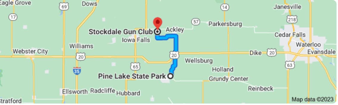 Driving route from Stockdale Gun Club south to Pine Lake State Park in Eldora, Iowa — 19 miles via Highway 65.