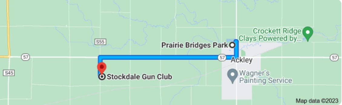 Driving route from Stockdale Gun Club north to Prairie Bridges RV Park via Highway 57 — 4 miles.