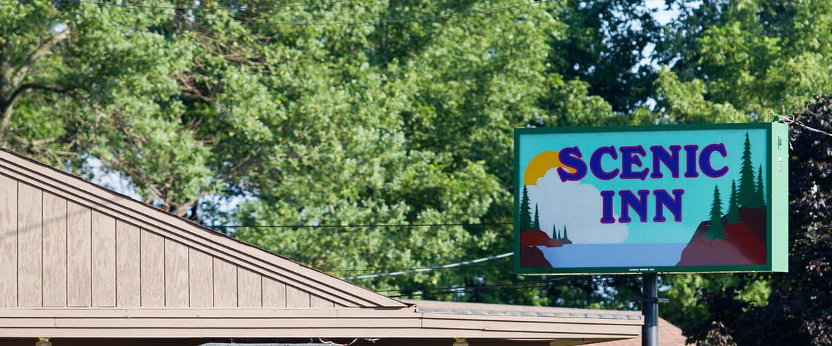 Exterior of Scenic Inn family-owned motel on the north end of Iowa Falls, Iowa.